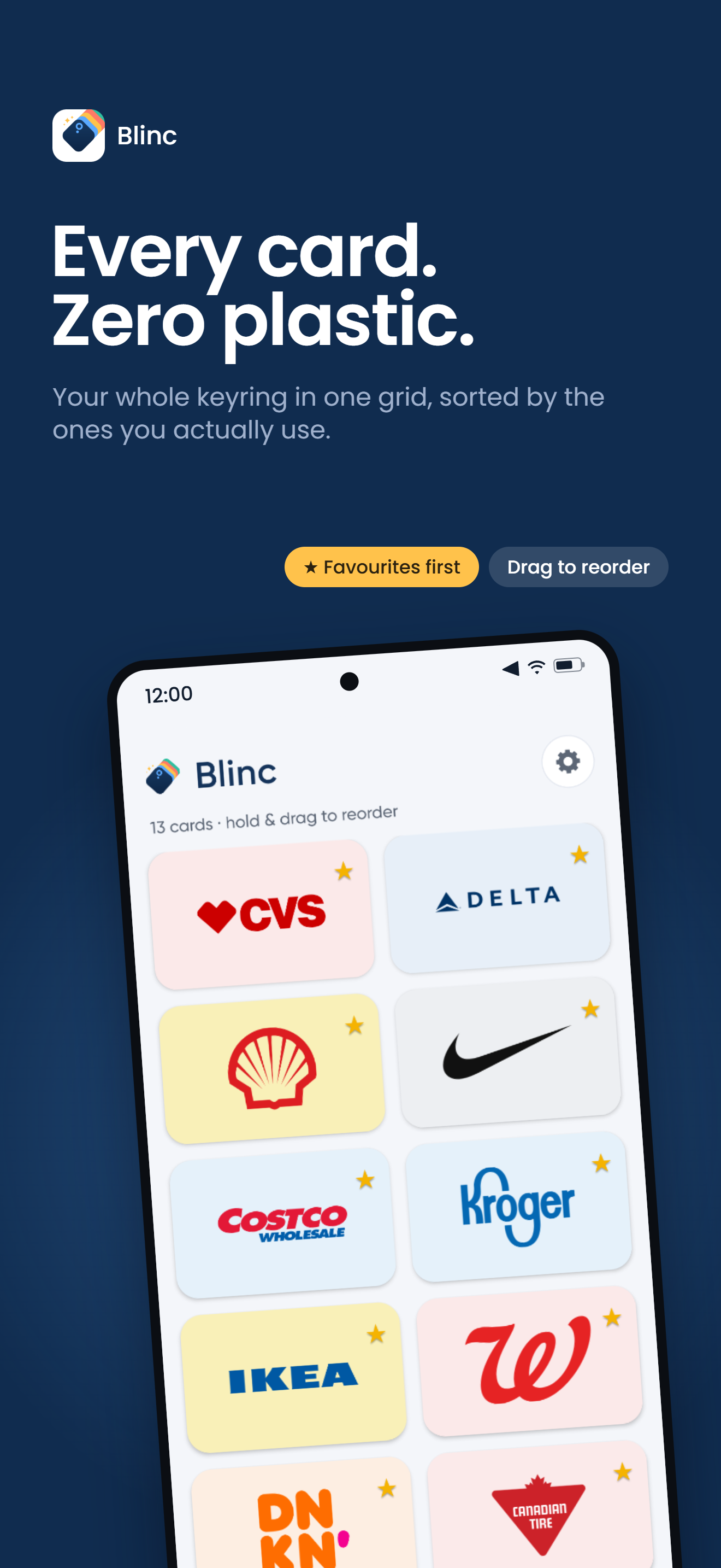Blinc card list, showing loyalty cards in a grid with favourite stars