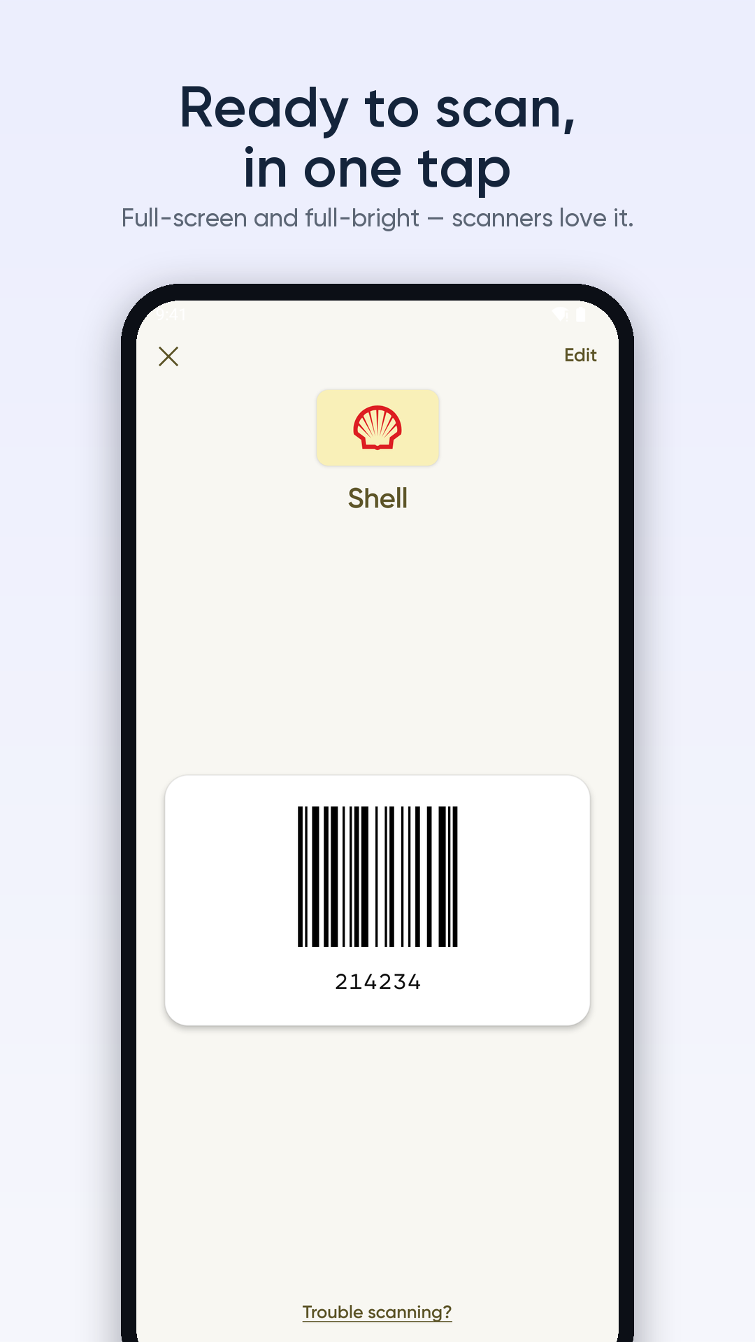 Full-screen barcode with the card name and number