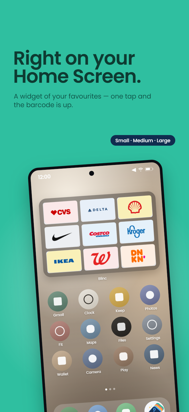 The Blinc widget on an Android home screen, showing favourite cards as tiles